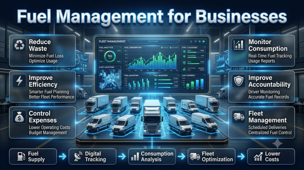 Professional infographic illustrating business fuel management, fleet monitoring, fuel tracking, expense control, consumption analysis, and operational efficiency.