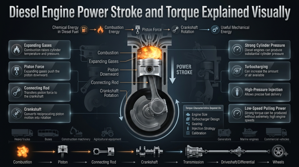Diesel engine power stroke showing combustion pressure pushing the piston, connecting rod, crankshaft rotation, and torque transfer.