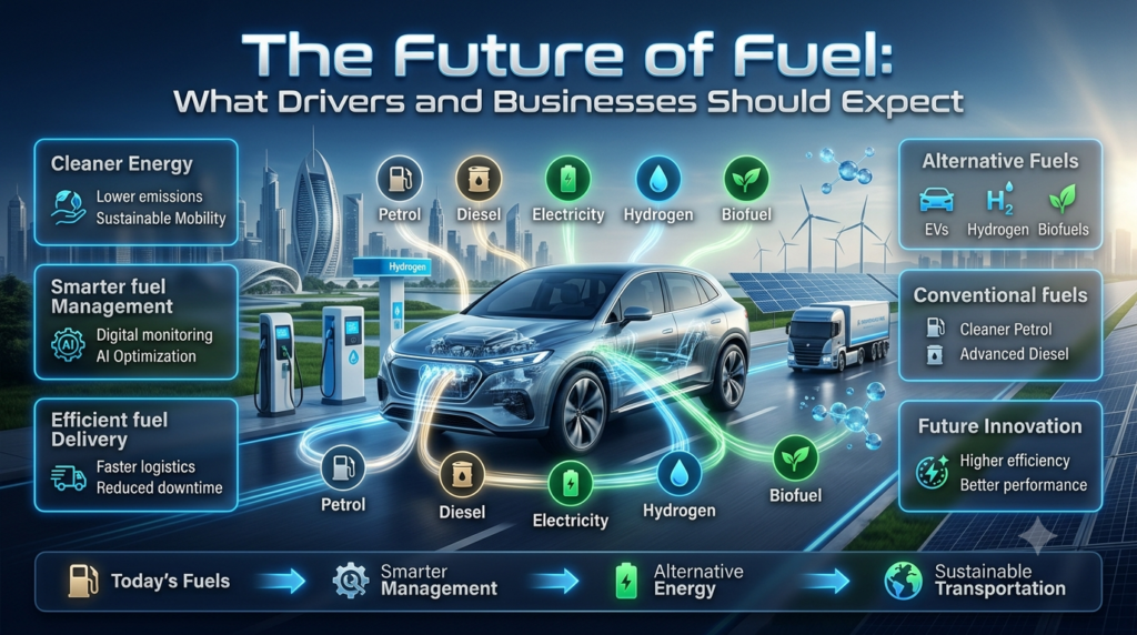 Premium infographic showing the future of fuel with cleaner energy, smart fuel management, electric vehicles, hydrogen, biofuels, and advanced fuel delivery systems.