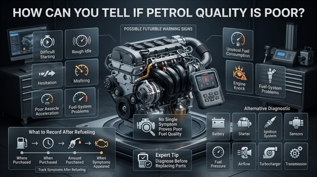 Poor petrol quality warning signs infographic showing difficult starting, rough idle, misfiring, hesitation, and poor acceleration