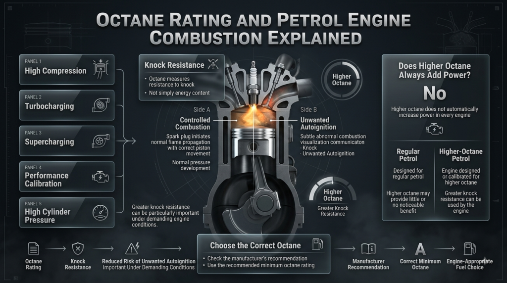 Octane rating infographic showing knock resistance, high-compression engines, turbocharging, and why higher octane does not always add power.