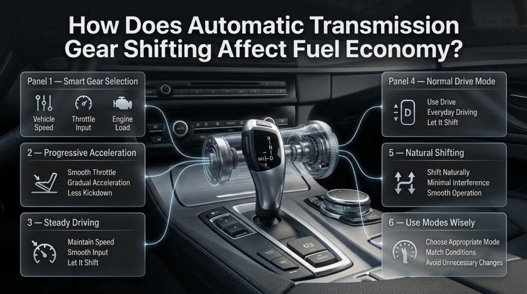 Automatic transmission infographic showing gear shifting, throttle control, engine load, steady speed, and fuel-efficient driving habits.