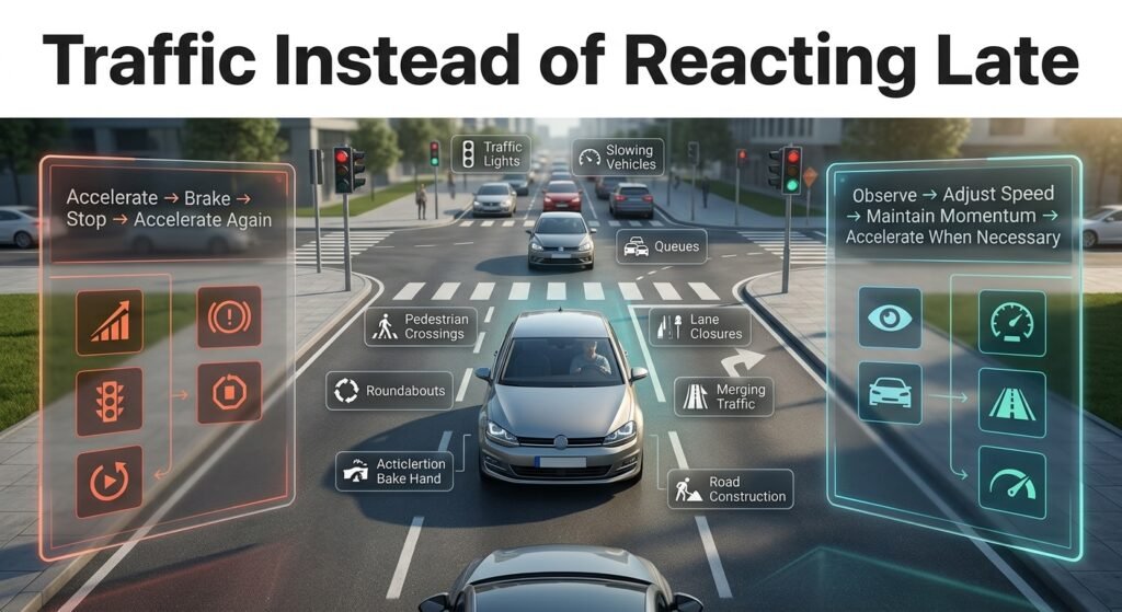 Traffic anticipation infographic showing drivers how to observe road conditions, reduce braking, maintain momentum, and improve fuel efficiency.