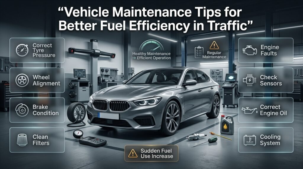 Vehicle maintenance can improve fuel efficiency by addressing tyre pressure, wheel alignment, brakes, filters, engine faults, and oil.