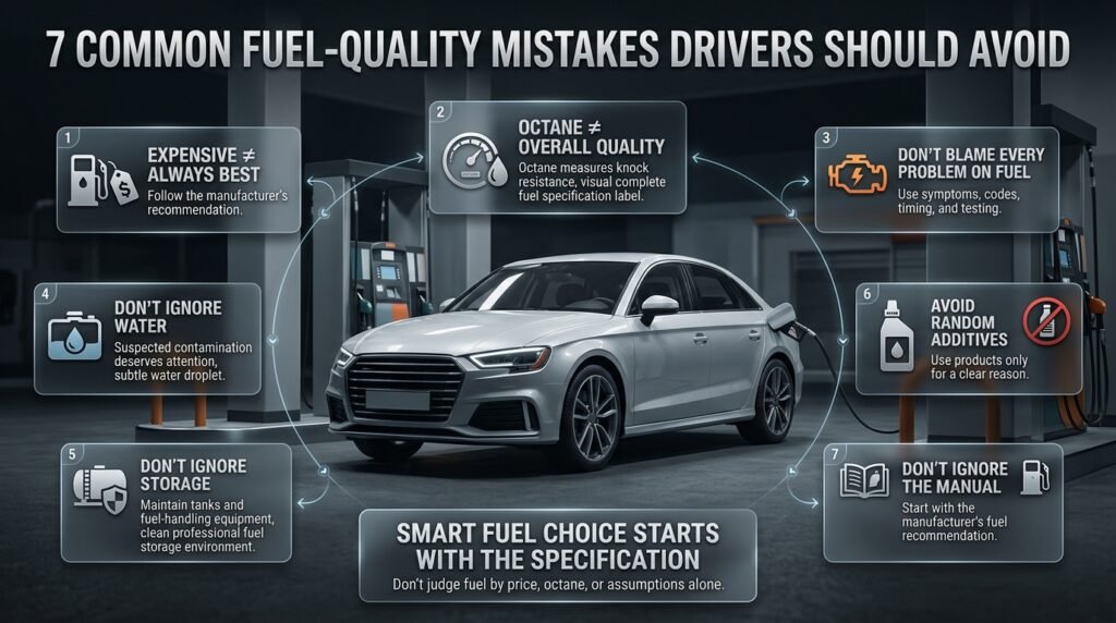 Fuel-quality mistakes infographic showing wrong fuel choices, octane confusion, contamination, storage, additives, and owner manuals