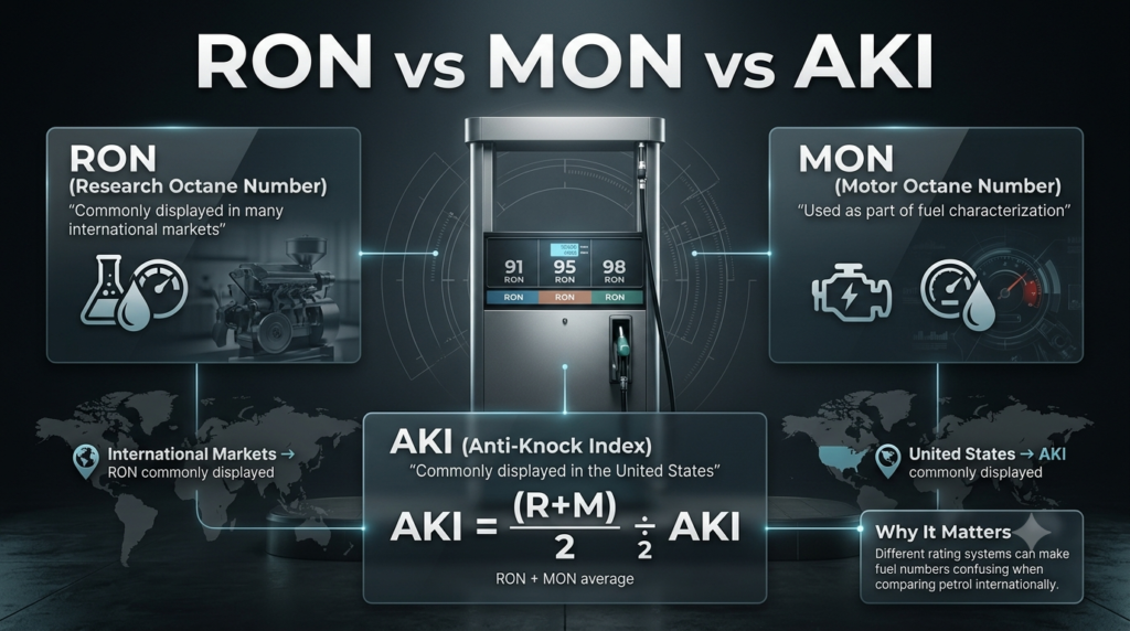 RON vs MON vs AKI explained with petrol octane ratings, fuel pump numbers, and international fuel standards