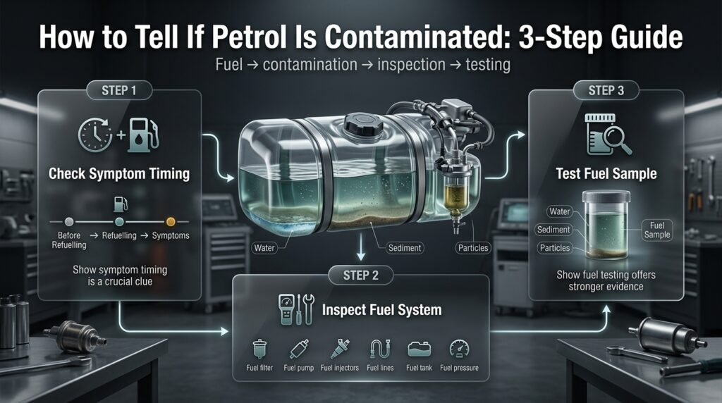 How to identify contaminated petrol using symptom timing, fuel-system inspection and fuel sample testing for water and sediment