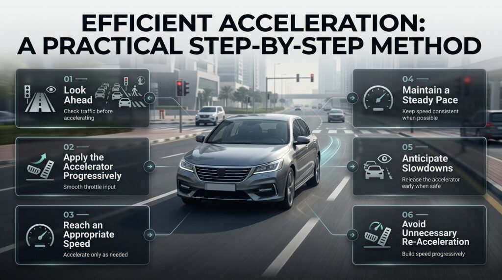 Step-by-step efficient acceleration guide showing road awareness, smooth throttle control, steady speed, and traffic anticipation