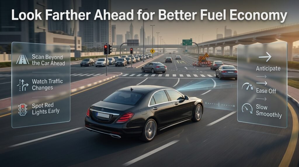 Driver scanning traffic ahead for smoother speed control, earlier reactions, less braking, and improved fuel economy on a modern road.