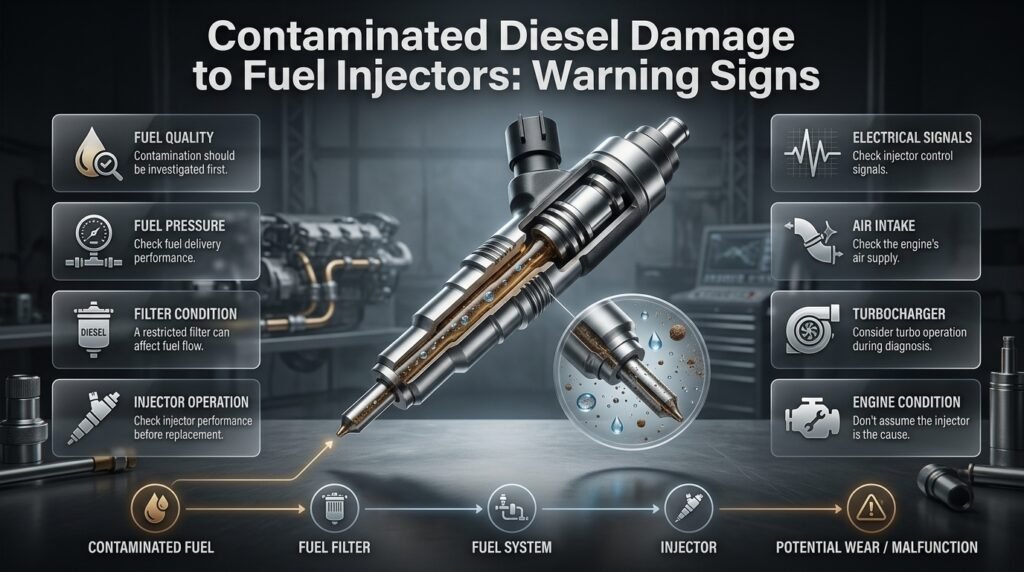 Contaminated diesel affecting precision fuel injectors through water, rust, abrasive particles, and restricted fuel flow.