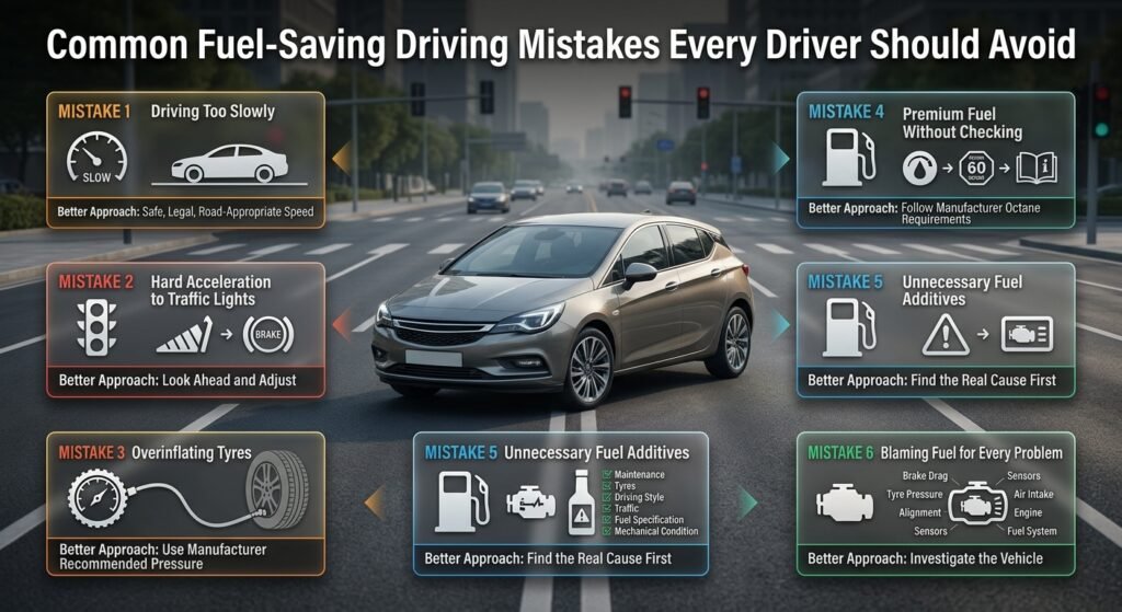 Fuel-saving driving mistakes infographic covering speed, acceleration, tyre pressure, premium fuel, additives, and vehicle problems.