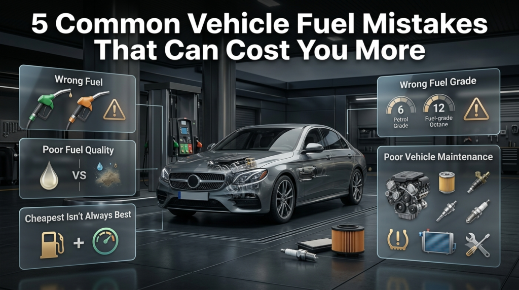 Vehicle fuel mistakes infographic showing wrong fuel, poor fuel quality, incorrect grade, high costs and neglected maintenance