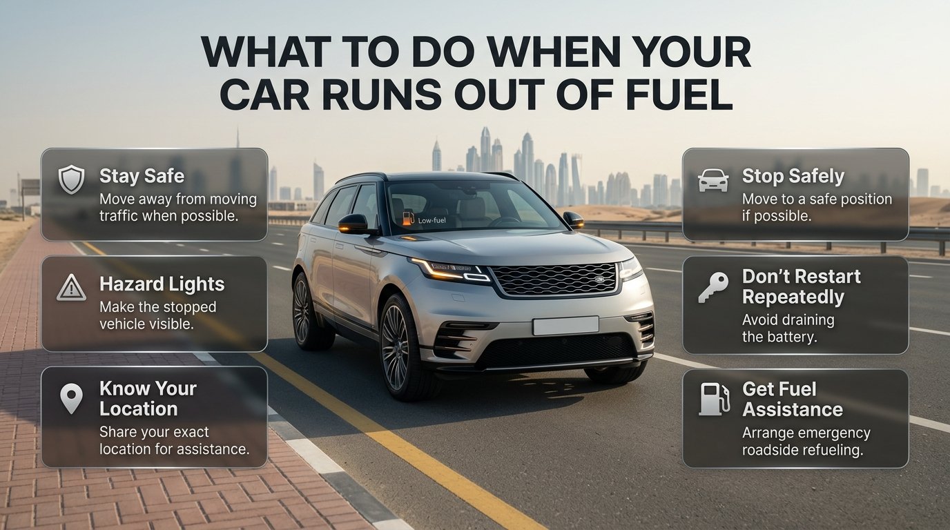 Emergency car fuel guide showing a stranded vehicle, hazard lights, roadside safety, and fuel delivery assistance in Dubai. Emergency car fuel guide showing a stranded vehicle, hazard lights, roadside safety, and fuel delivery assistance in Dubai.