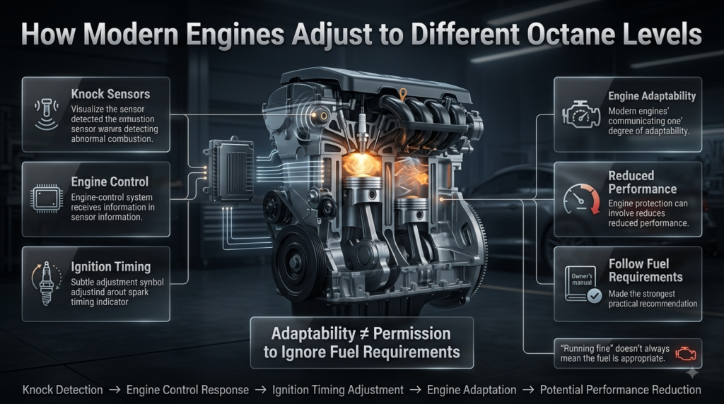 Modern petrol engine infographic showing knock sensors, ignition timing and electronic adjustment for different octane levels