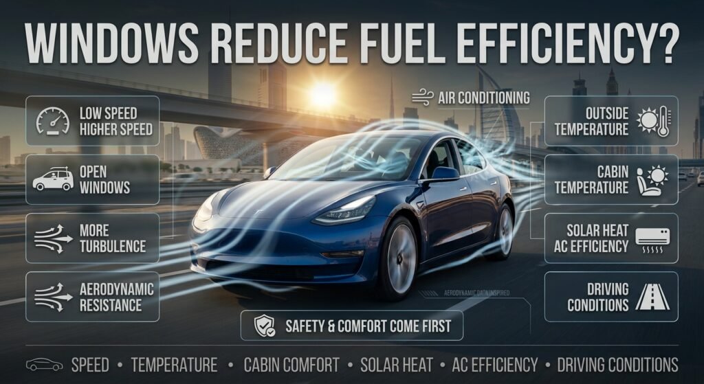 Infographic showing how open car windows affect airflow, aerodynamic resistance, air conditioning, and fuel efficiency in Dubai heat.
