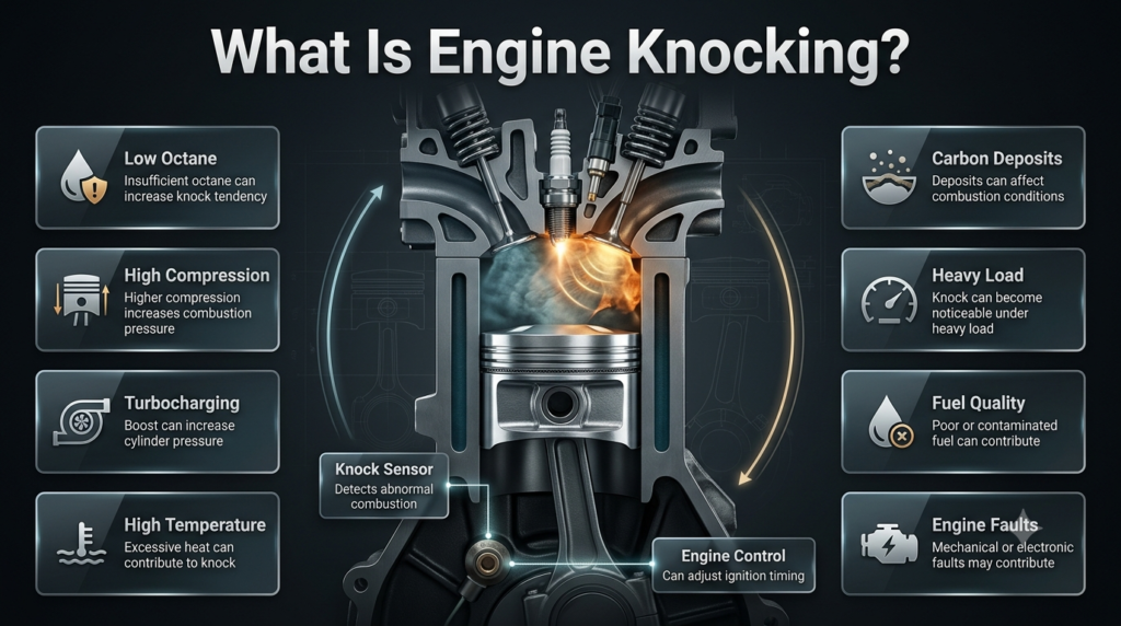 Engine knocking explained with petrol combustion, cylinder pressure, fuel octane, knock sensor, and common causes
