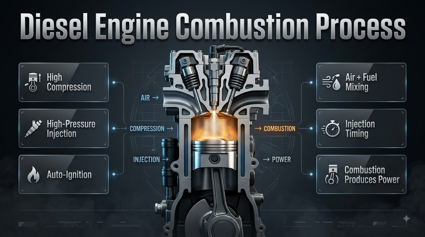 Diesel engine combustion process showing fuel injection, compressed air, auto-ignition, and power generation inside a cylinder Diesel Engine Combustion Process: How Diesel Fuel Burns