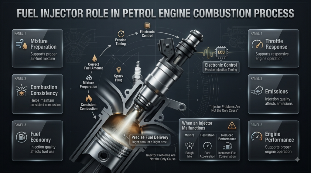 Fuel injector inside a petrol engine showing precise electronic fuel delivery, mixture preparation, combustion, and engine performance.