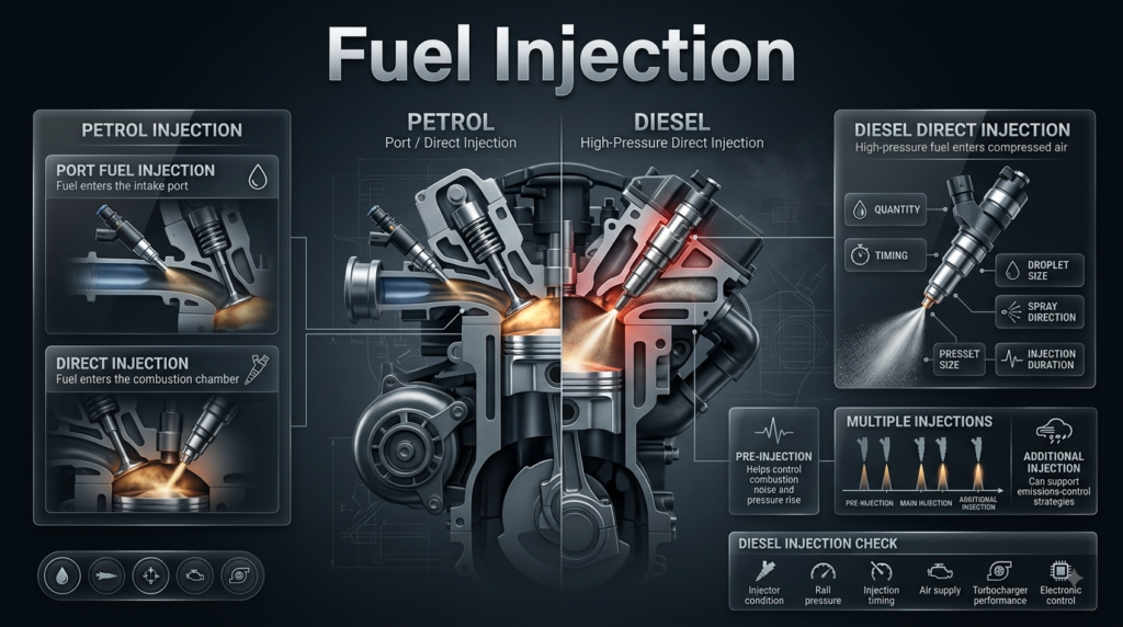 Petrol vs diesel fuel injection infographic comparing port injection, direct injection, diesel spray, timing, pressure, and atomization.