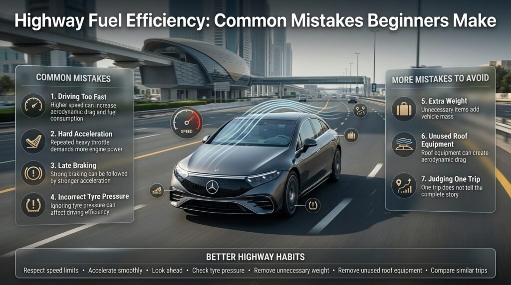 Highway fuel efficiency mistakes beginners make, including speeding, hard acceleration, low tyre pressure, extra weight, and roof drag