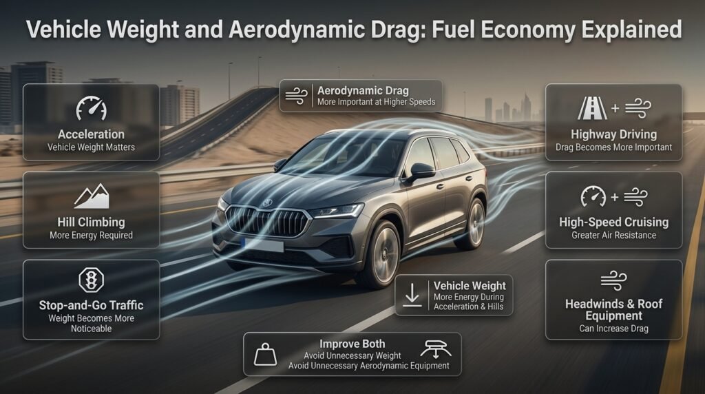 Infographic showing how vehicle weight and aerodynamic drag affect fuel economy during acceleration, hills, traffic, and highway driving.