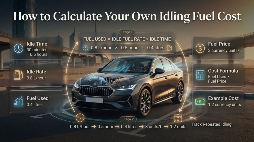 Idling fuel cost calculation showing fuel rate, idle time, litres used, fuel price, and a simple cost calculation formula.