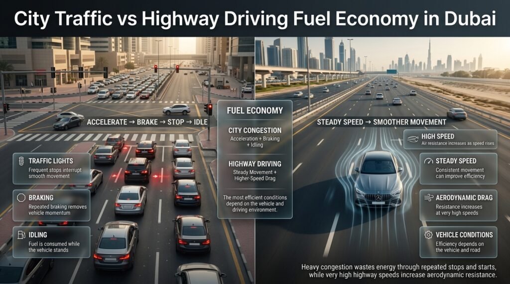 City traffic vs highway driving in Dubai showing fuel economy differences, congestion, braking, idling, and aerodynamic drag.