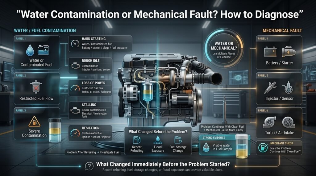 Diagnostic infographic comparing water contamination and mechanical faults through hard starting, rough idle, power loss, stalling, and hesitation.