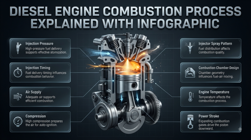 Diesel engine combustion process showing fuel injection, air compression, auto-ignition, combustion, and power stroke.