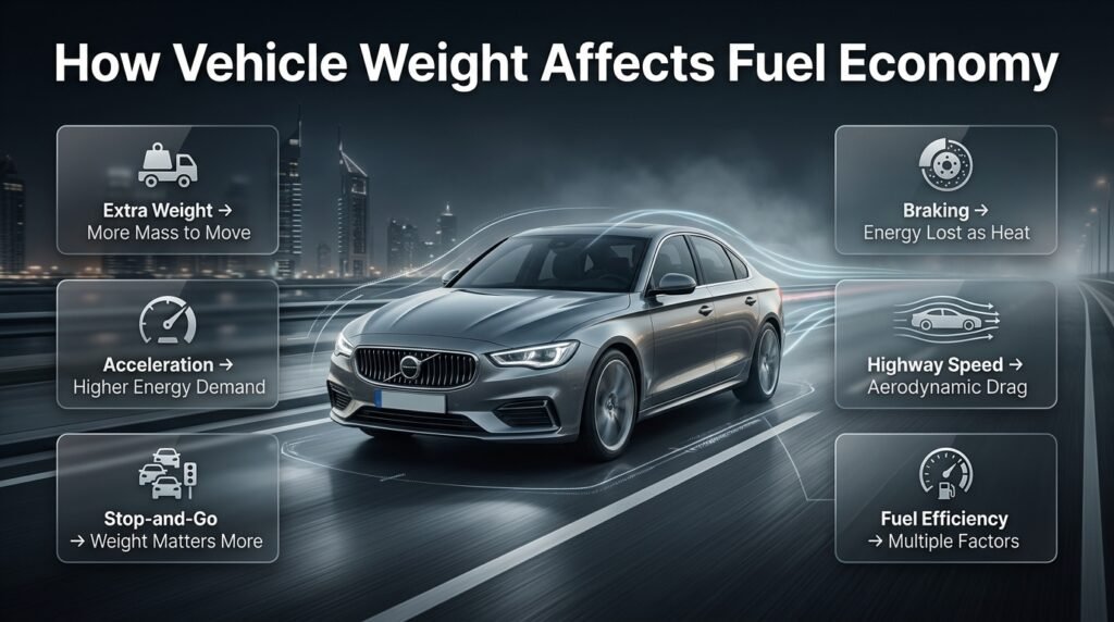 How vehicle weight affects fuel economy during city traffic, acceleration, braking, and highway driving conditions.
