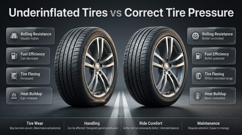 Tire pressure and fuel efficiency infographic showing properly inflated car tires, rolling resistance, and fuel-saving driving