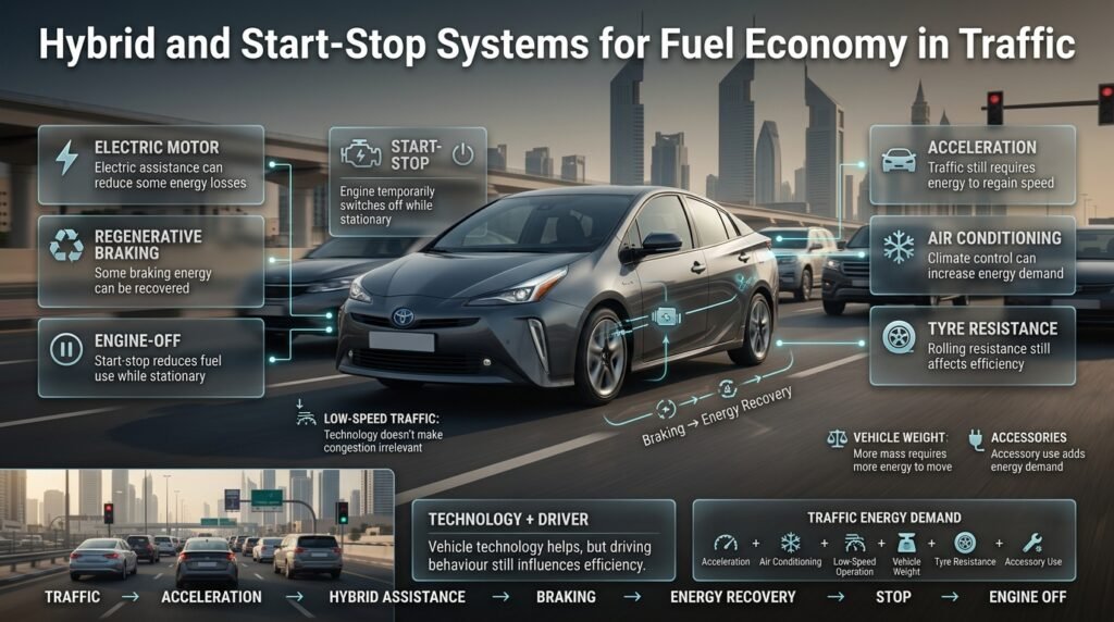 Hybrid and start-stop systems in traffic showing electric motors, regenerative braking, engine-off operation, and fuel efficiency.