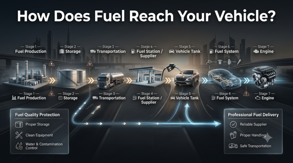 Fuel supply chain showing production, storage, transportation, delivery, vehicle tank, fuel system, and engine