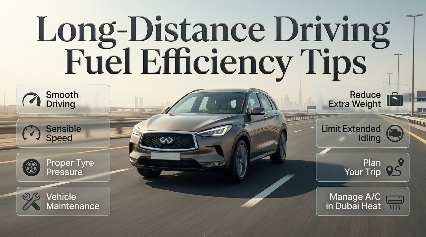 Long-distance driving fuel efficiency tips for Dubai drivers, featuring smooth driving, tyre care, vehicle preparation, and fuel-saving habits. Long-Distance Driving Fuel Efficiency Tips