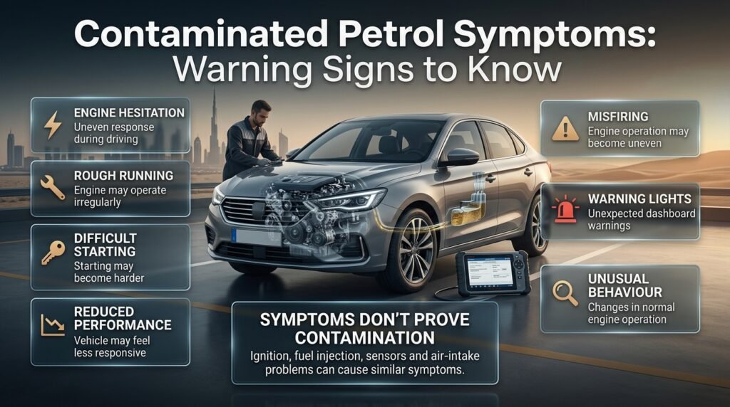 Contaminated petrol symptoms infographic showing hesitation, rough running, hard starting, misfiring and engine warning signs.