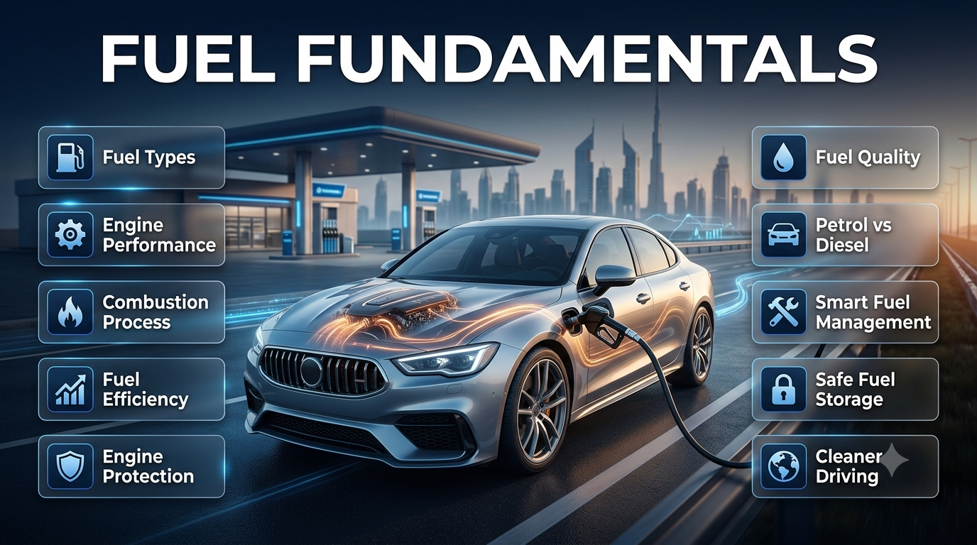 Professional infographic illustrating fuel fundamentals, fuel types, engine performance, fuel quality, efficiency, and safe fuel management for modern vehicles. Fuel Fundamentals: Complete Guide to Fuel Types & Engine Performance
