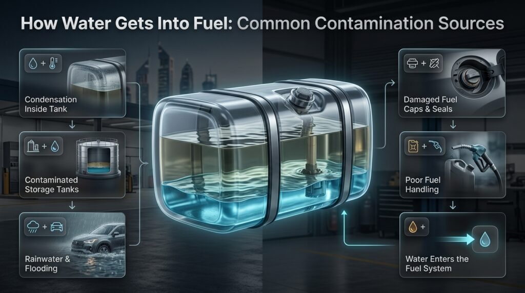 Infographic showing how water enters vehicle fuel through condensation, storage tanks, flooding, damaged seals, and poor fuel handling.
