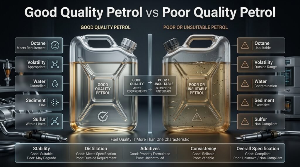 Good quality petrol vs poor petrol infographic comparing octane, volatility, water, sulfur, stability, and fuel specifications