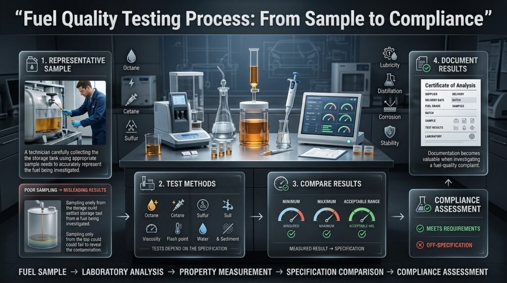 Fuel quality testing infographic showing sample collection, laboratory analysis, specification comparison, and compliance assessment