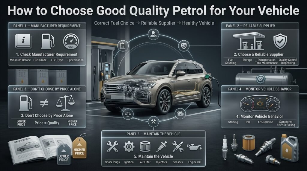 How to choose good quality petrol infographic showing fuel requirements, reliable suppliers, price, vehicle monitoring, and maintenance