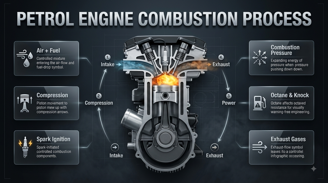 Petrol engine combustion process showing air-fuel mixture, spark ignition, piston movement, power stroke, and exhaust gases. Petrol Engine Combustion Process: Complete 4-Stroke Cycle