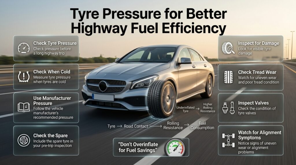 Correct tyre pressure for highway fuel efficiency showing tyre checks, rolling resistance, tread condition and safe long-distance driving.