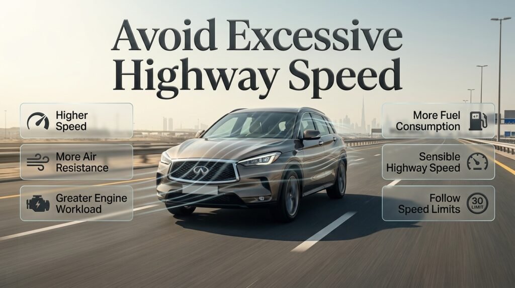 Avoid excessive highway speed to reduce aerodynamic resistance and improve fuel efficiency during long-distance driving in Dubai.