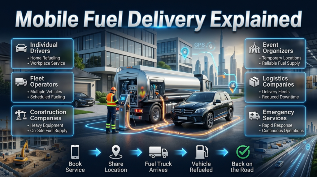 Professional infographic showing mobile fuel delivery directly to vehicles, fleets, construction equipment, and businesses without visiting a fuel station.
