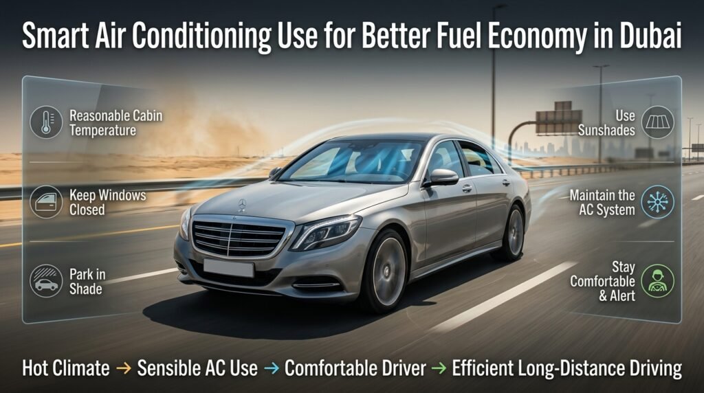 Smart air conditioning use in Dubai showing comfortable cabin temperature, closed windows, sunshade use, and efficient driving habits.