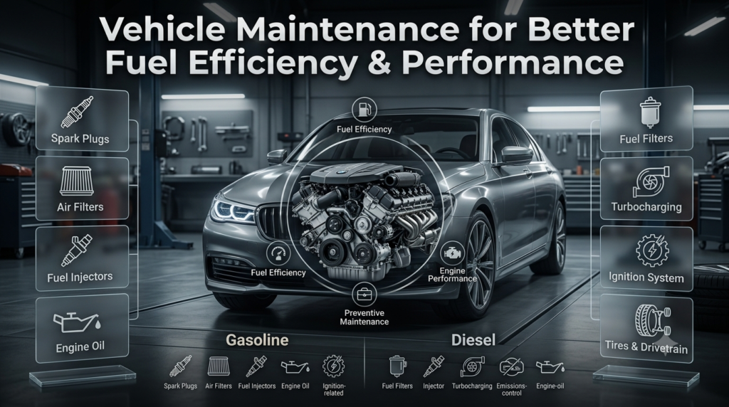 Vehicle maintenance infographic showing engine service, air filters, spark plugs, injectors, tires and fuel efficiency