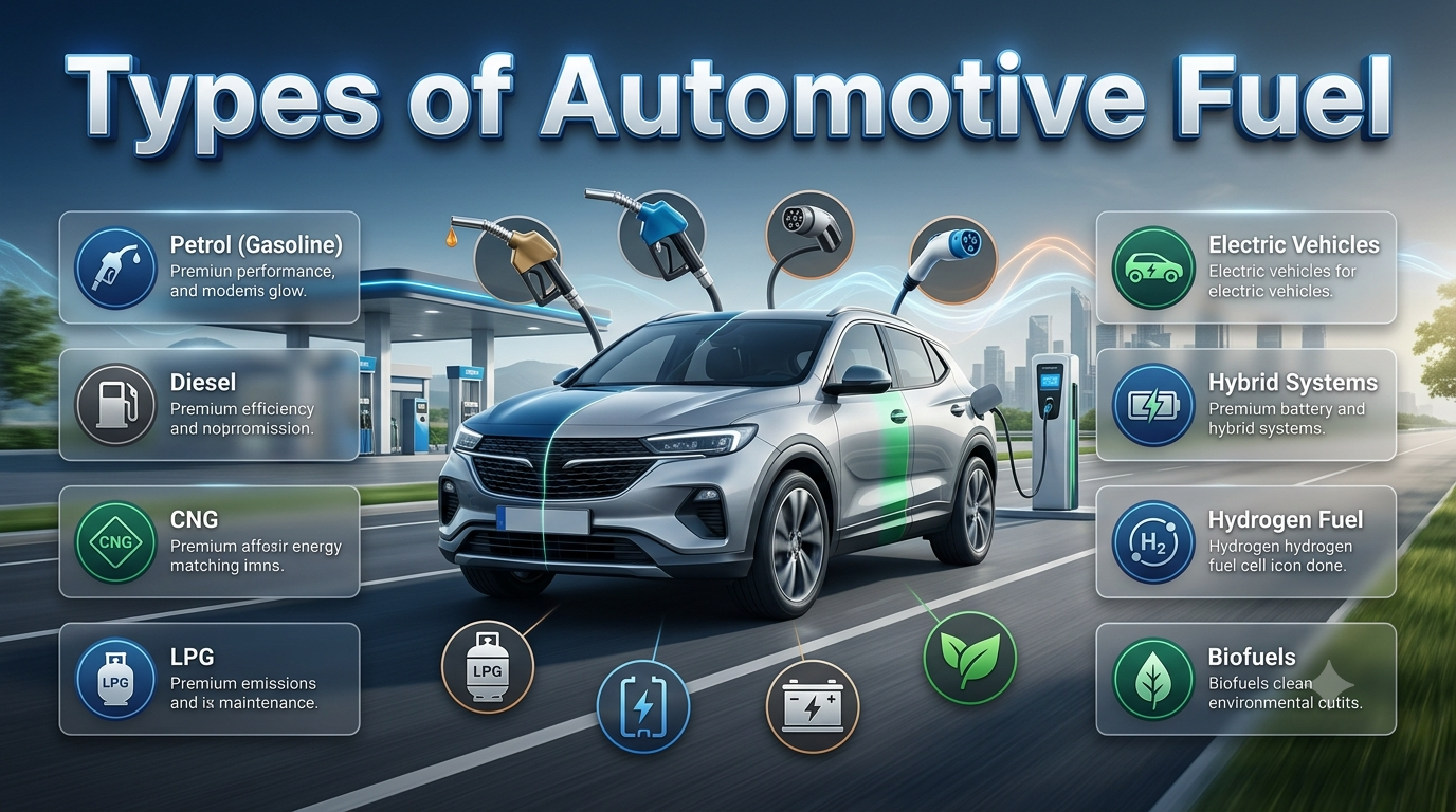 Professional infographic illustrating the major types of automotive fuel with a modern vehicle, fuel pump, EV charging, and clean energy comparison icons.Types of Automotive Fuel: Complete Guide to Modern Vehicle Fuels