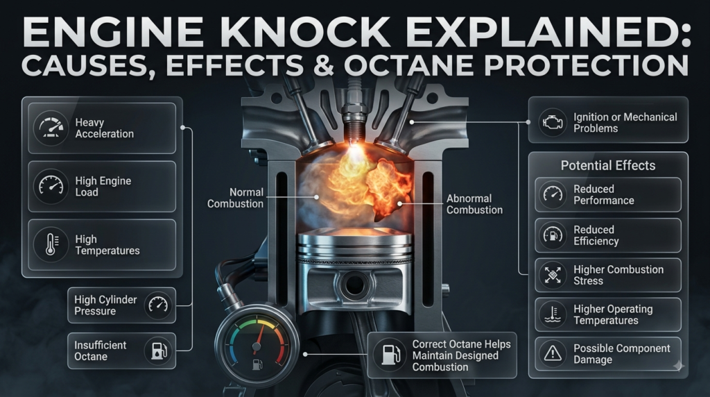 Engine knock explained with abnormal combustion, high cylinder pressure, insufficient octane, heat, and potential engine damage.