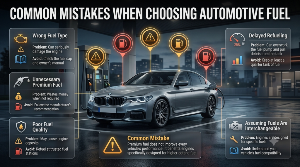 Automotive fuel mistakes infographic showing wrong fuel selection, unnecessary premium fuel, poor fuel quality, delayed refueling, and fuel compatibility tips.