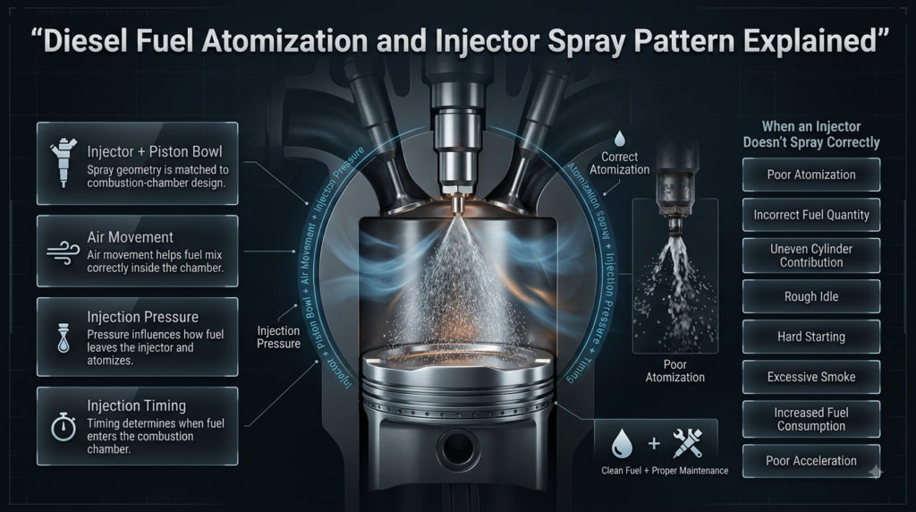 Diesel fuel atomization showing injector spray pattern, fine droplets, air mixing, piston bowl, and effects of poor injection.